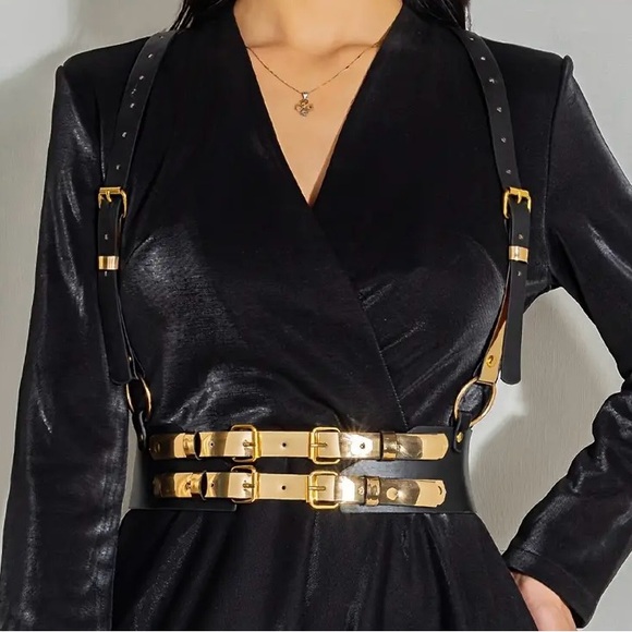 Gold and Black Women's Harness Belt Corset Faux Leather Pleather PU XL - Picture 1 of 5